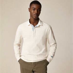 J.Crew Rugby Long Sleeve Polo Shirt Mens M Natural Striped Placket Jersey Cotton